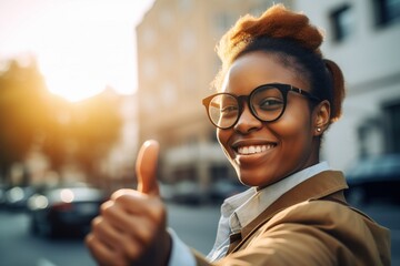portrait of a beautiful and successful woman holding her thumb up - obrazy, fototapety, plakaty