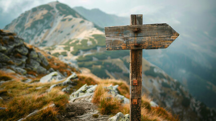 plain wooden signpost with arrow on the top of the mountain mountain. empty no text. free space for text.