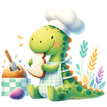 cute watercolor baker dinosaur