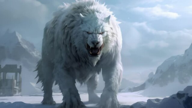 An immense beast with thick white fur and jetblack eyes standing tall on a precipice Fantasy art concept. .