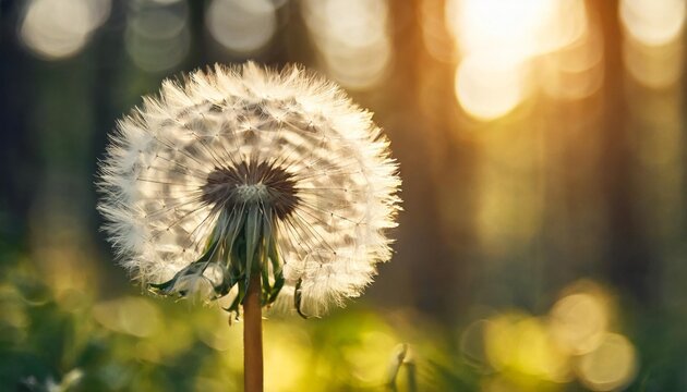 big white dandelion in a forest at sunset macro image