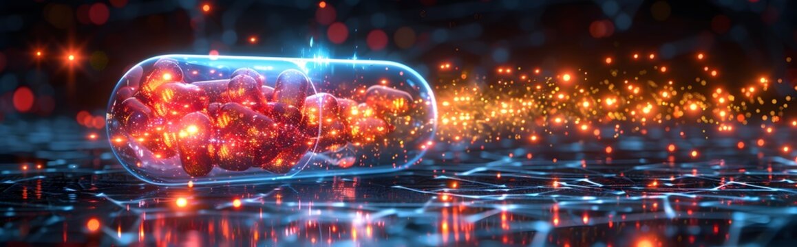 Futuristic Glowing Medicine Capsule on Digital Background