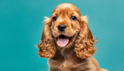 happy english cocker spaniel puppy dog sits on isolated on blue cyan background