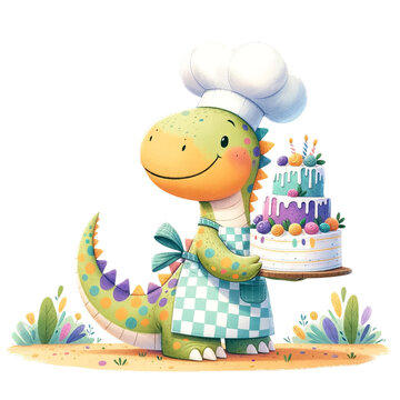 cute watercolor baker dinosaur