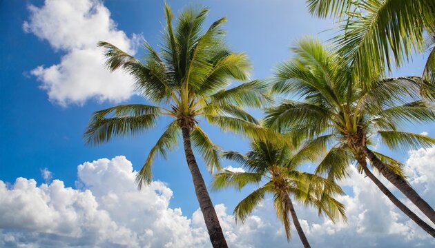 tropical palm trees with blue sky and white clouds background