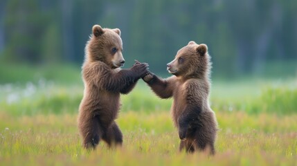 Obraz premium a couple of brown bears standing next to each other on top of a grass covered field with trees in the background.