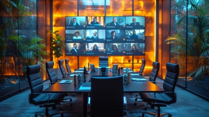 Modern Conference Room with Video Call Setup Overlooking Evening Cityscape