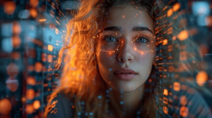 Futuristic Portrait of Young Woman with Holographic Network Overlay wearing glasses