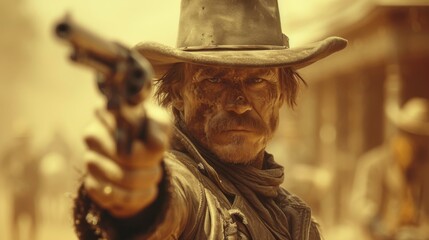 High Noon Duel: Grizzled Gunslinger Aiming Revolver in Sunlit Western Town