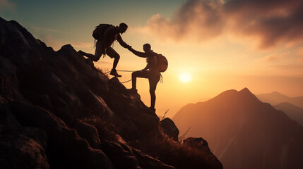 Manhelping each other for climb up a mountain at sunrise