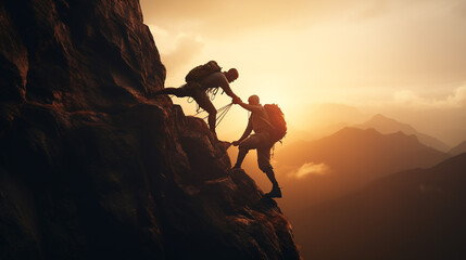 a two people help each other when climbing mountains