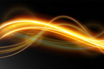 Light wave,shiny gold lines.Color glowing design element.Wavy bright stripes.Vector illustration.	

