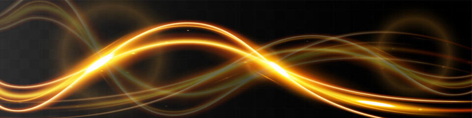 Light wave,shiny gold lines.Color glowing design element.Wavy bright stripes.Vector illustration.	

