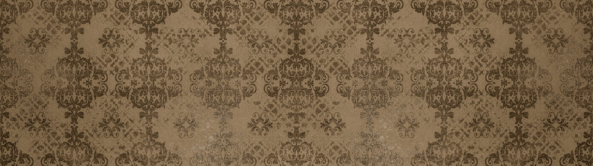 Brown retro vintage arabesque wallpaper tile wall texture background banner panorama with seamless floral flowers leaves print, seamless pattern.