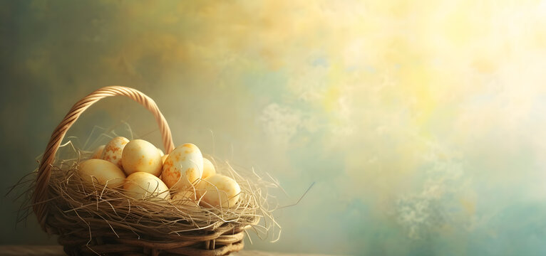 Golden Easter Morning: A Basket of Painted Eggs Amidst Blossoming Branches Bathed in Warm Light