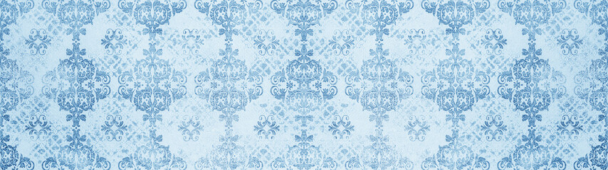 Fototapeta premium Blue white retro vintage arabesque wallpaper tile wall texture background banner panorama with floral flowers leaves print, seamless pattern