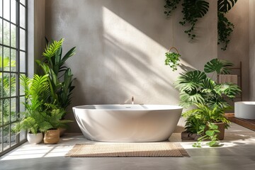 Modern bathroom minimalist design, freestanding tub, and eco-friendly decor illuminated surrounded by lush indoor plants and bathed in natural light, embodying wellness and tranquility at home