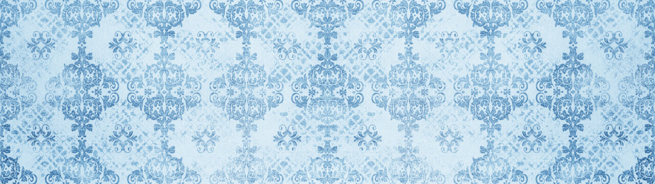 Blue white retro vintage arabesque wallpaper tile wall texture background banner panorama with floral flowers leaves print, seamless pattern