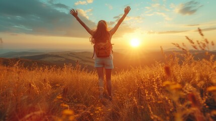 Joyful Woman with Arms Raised Embracing the Warmth of a Golden Sunset - obrazy, fototapety, plakaty