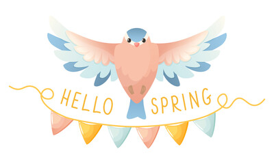 Spring bird in flight, text hello spring, decorated with flags. Spring has arrived, is approaching. Vector illustration on a white background. Spring card, banner, template.