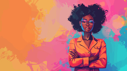 Black young woman in glasses cartoon illustration with copy space background for promo banner or card, afro hair style