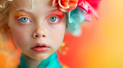 Close-up, Pretty face of a beautiful child girl with multi colors vivid makeup on minimal background