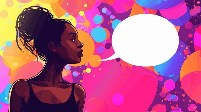Black young woman cartoon illustration with copy space background and bubble speech for promo banner or card decoration