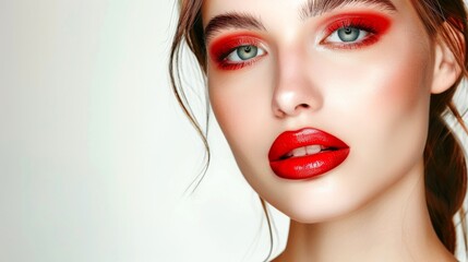 Close-up, Pretty face of a beautiful woman with multi colors vivid makeup on minimal background
