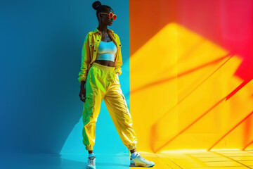 A vibrant dancer in sunny yellow pants and stylish sunglasses strikes a pose against a lively wall,...