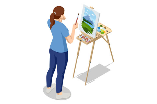 Isometric woman painting mountain landscape using easel. Painting, drawing and artwork concept. Art, creativity, hobby, job and creative occupation