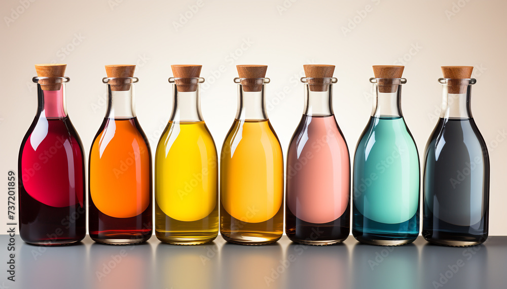 Poster a colorful collection of wine bottles in a glass container generated by ai