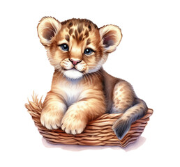Cute lion cub isolated on a white background lying in a basket. Lion baby. Cartoon African animals. Illustration. Greeting card design. Clip art.