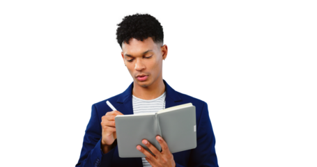 Businessman, writing and planning in notebook with schedule in transparent, isolated or png background. Research, notes and problem solving with project, knowledge and information in journal