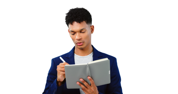 Businessman, writing and planning in notebook with schedule in transparent, isolated or png background. Research, notes and problem solving with project, knowledge and information in journal