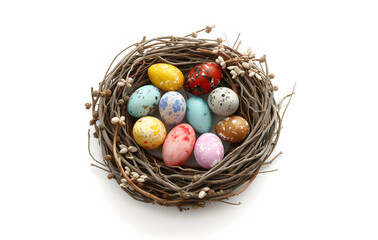 Obraz premium Colorful Easter Eggs Nestled in a Rustic Twig Nest: A Vibrant Celebration of Springtime and Easter Traditions