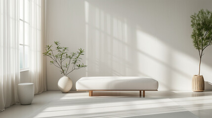 A tranquil minimalist interior adorned with carefully selected pieces that celebrate simplicity and sophistication.