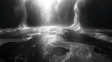 black and white sketch of a black wood floor with curves, in the style of striated resin veins, intricate psychedelic landscapes, mundane materials, darkroom printing, varying wood grains, fluid gestu