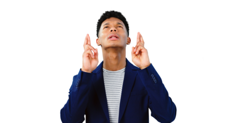 Business man, fingers crossed and hope with praying for promotion, deal results with anxiety and nervous. Emoji, wish for miracle in career and employee isolated on png transparent background