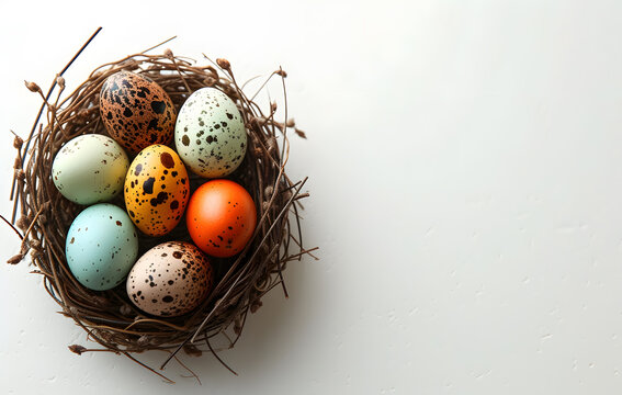 Colorful Easter Eggs Nestled in a Rustic Twig Nest: A Vibrant Celebration of Springtime and Easter Traditions