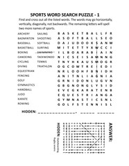 Sports word search puzzle - 1. Suitable both for kids and adults. Answer included.

