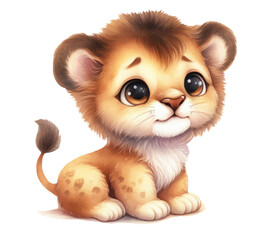 Cute lion cub isolated on white background. Lion baby. African animals. Illustration. Template. Hand drawn. Greeting card design. Clip art. - 737202837