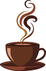 Brown-Toned Coffee Cup and Saucer, Rising Waves of Swirling Steam. Vector illustration.