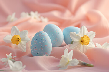 Easter Ambiance: Speckled Eggs Amidst Blossoming Daffodils on a Textured Pastel Backdrop
