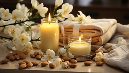 Obraz na płótnie Canvas Flame flickers, petals bloom, relaxation in candlelight, pampering body care generated by AI
