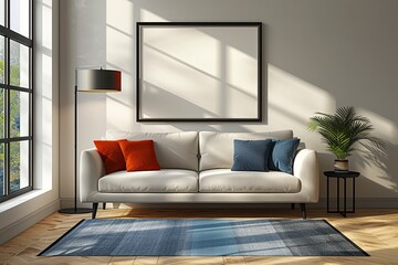 interior poster mockup, living room with sofa and floor lamp, plants