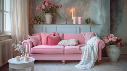 Romantic and feminine interior of living room with pink sofa, white coffee table, lace curtains, floral cushions and candles. Shabby chic style home decor.