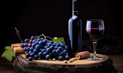 A Glass of Tempting Red Wine Paired With a Bottle and a Bountiful Bunch of Grapes