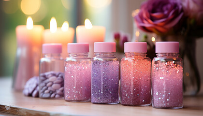 Obraz na płótnie Canvas Close up of pink candle in glass bottle, nature aromatherapy generated by AI