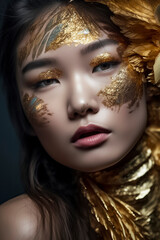 Naklejka na ściany i meble asian pretty woman with visible golden adornments and dark background, ai generative