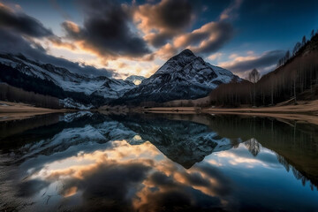 Fototapeta na wymiar A serene landscape with a snow-capped mountain reflected in a calm lake, surrounded by trees under a cloudy sky, ai generative